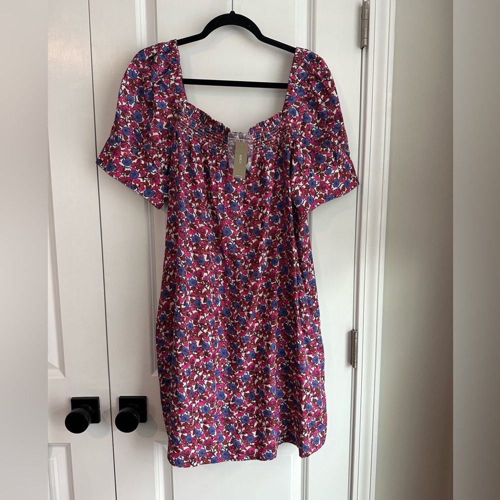 J. Crew Afternoon Linen Dress Berry Floral Short Sleeve Square Neck NWT Sz Large